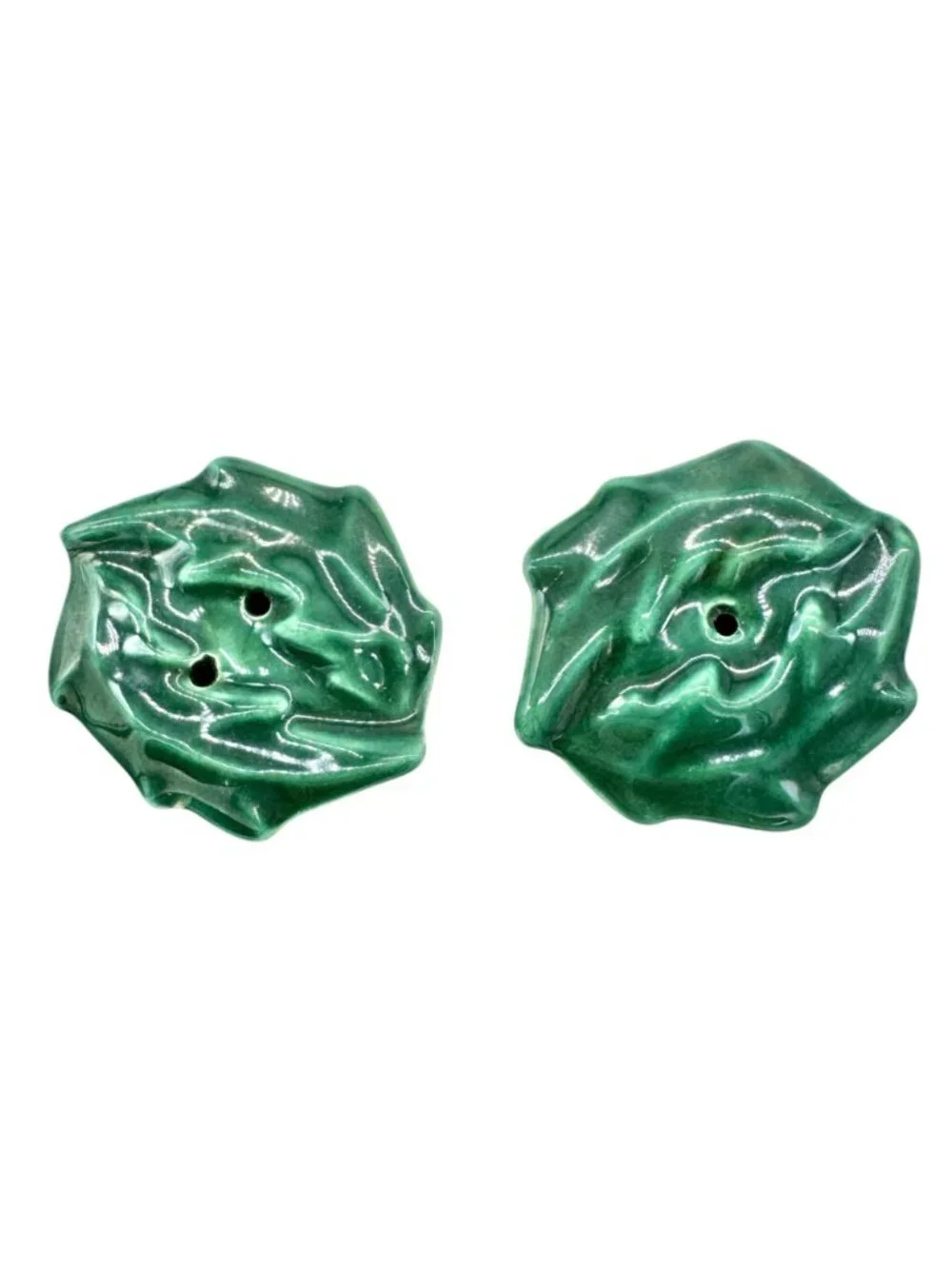 Leafy Vegetable Salt and Pepper Shakers Green Textured Ceramic Leaf Design 2”H